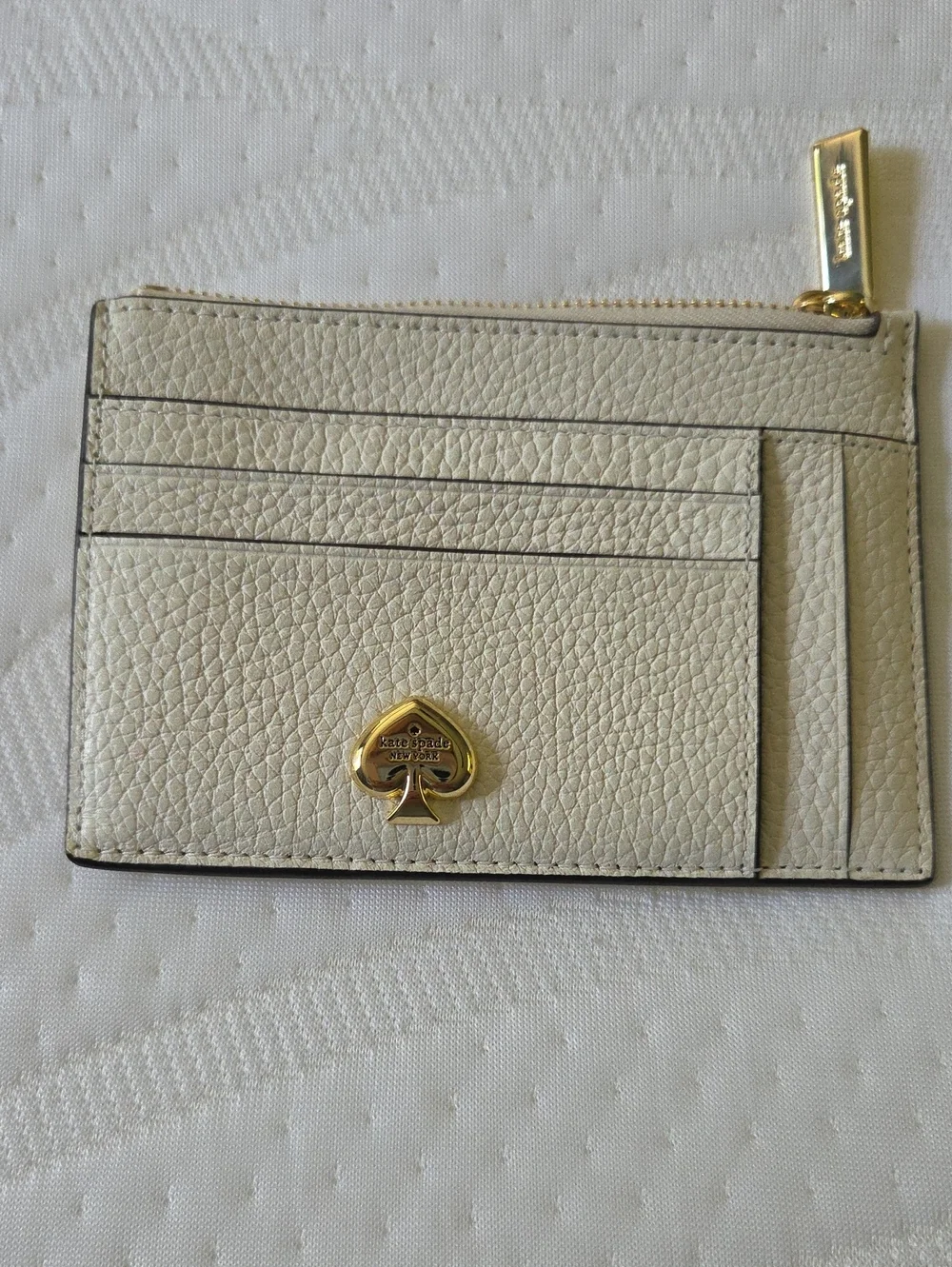 Kate Spade Pebbled Leather Ceam Card Wallet with Gold Spade Logo